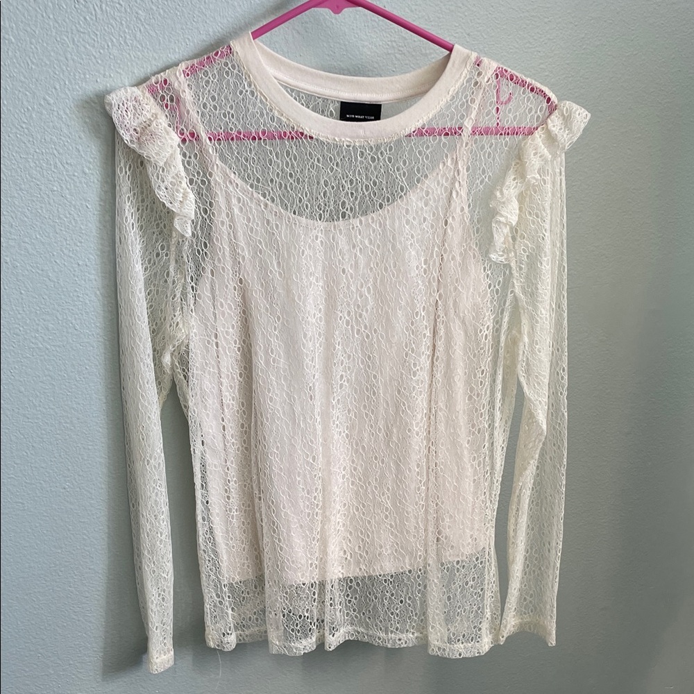 Who What Wear Cream Lace Long-Sleeve Ruffle Shoulder Top